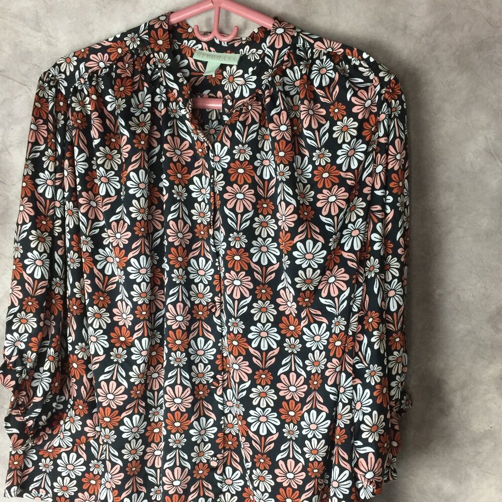 Ryegrass Floral Dolman Sleeve Blouse Top Black/Rust/Peach/White Daisies Large